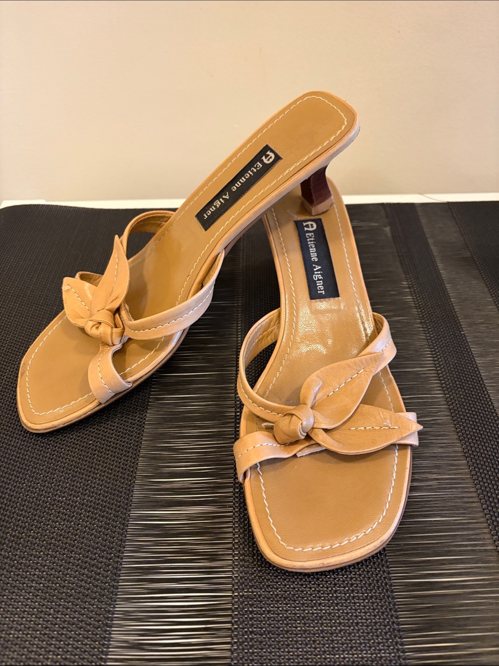 Etienne Aigner Leather Tan Knot Slip-On Mules